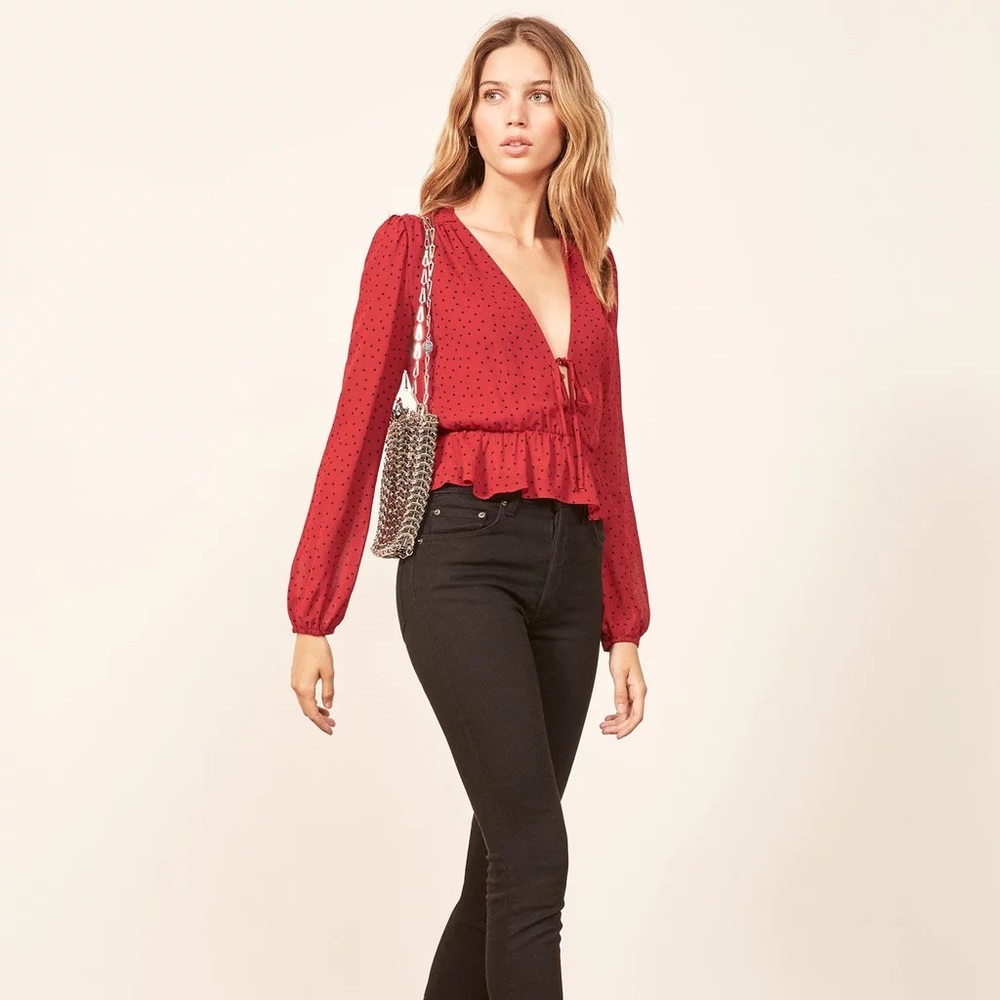 Reformation red polka dot blouse